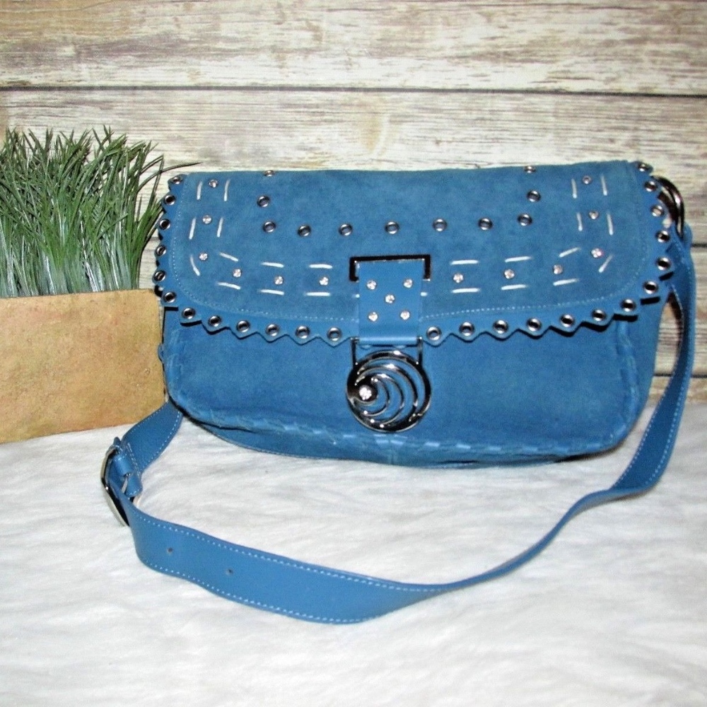 euroWellness Blue Suede Leather Studded Purse Bag